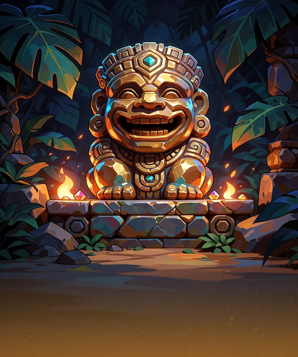 Grinende gyldent jungleidol p&aring; et stenalter i ildlys med glimtende &aelig;delsten - illustration til jungle-slots