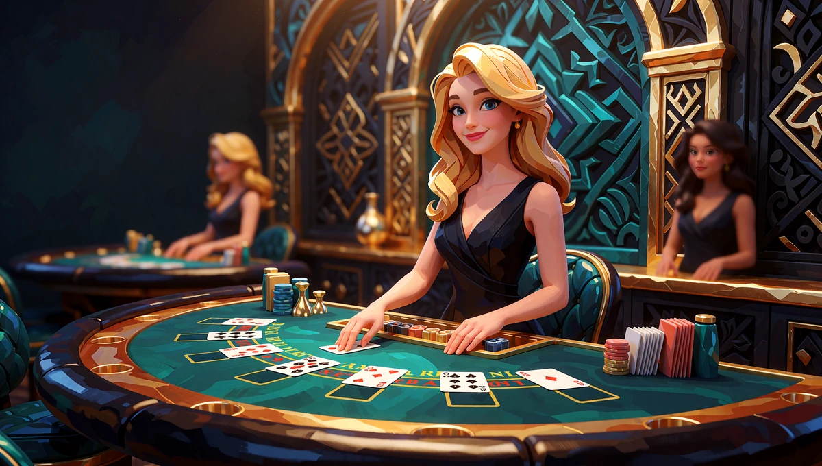 Smilende dealer ved et gr&oslash;nt blackjackbord i et live casino-studie med sorte og gyldne v&aelig;gpaneler