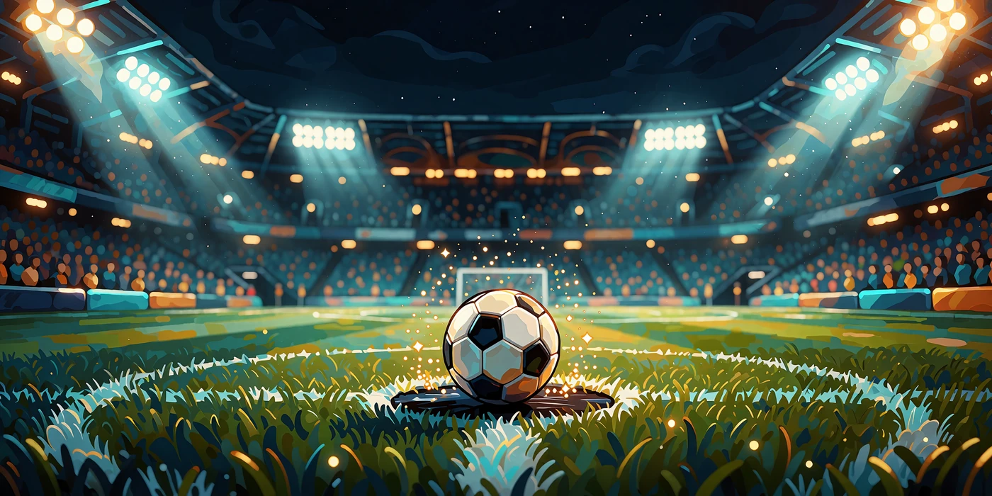 Oplyst fodboldstadion om natten med en sort-hvid fodbold p&aring; midtercirklen og sm&aring; guldglimt i luften