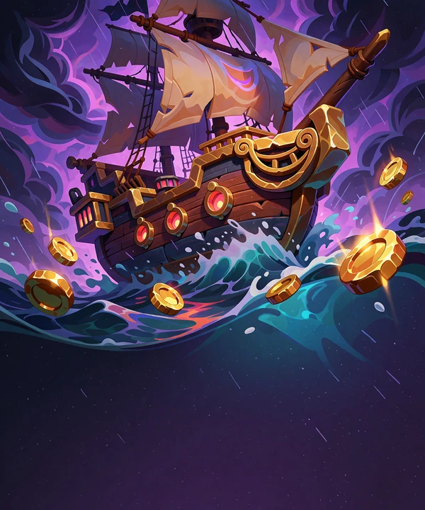 Sp&oslash;gelsesagtigt piratskib med laset sejl i en lilla storm og tumlende m&oslash;nter - illustration til m&oslash;rke pirat-slots