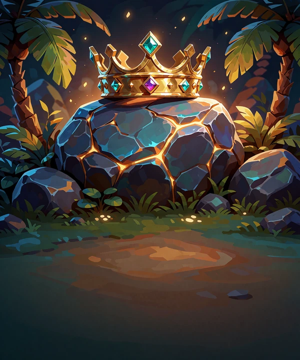 Juvelbesat guldkrone p&aring; en revnet klippe med gl&oslash;dende guld&aring;rer og palmeblade - illustration til juvel-slots