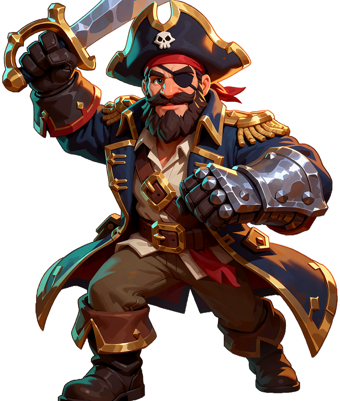 Smash Casinos smilende 3D-piratkaptajn med h&aelig;vet sabel og st&aring;lhandske, der r&aelig;kker mod skatten