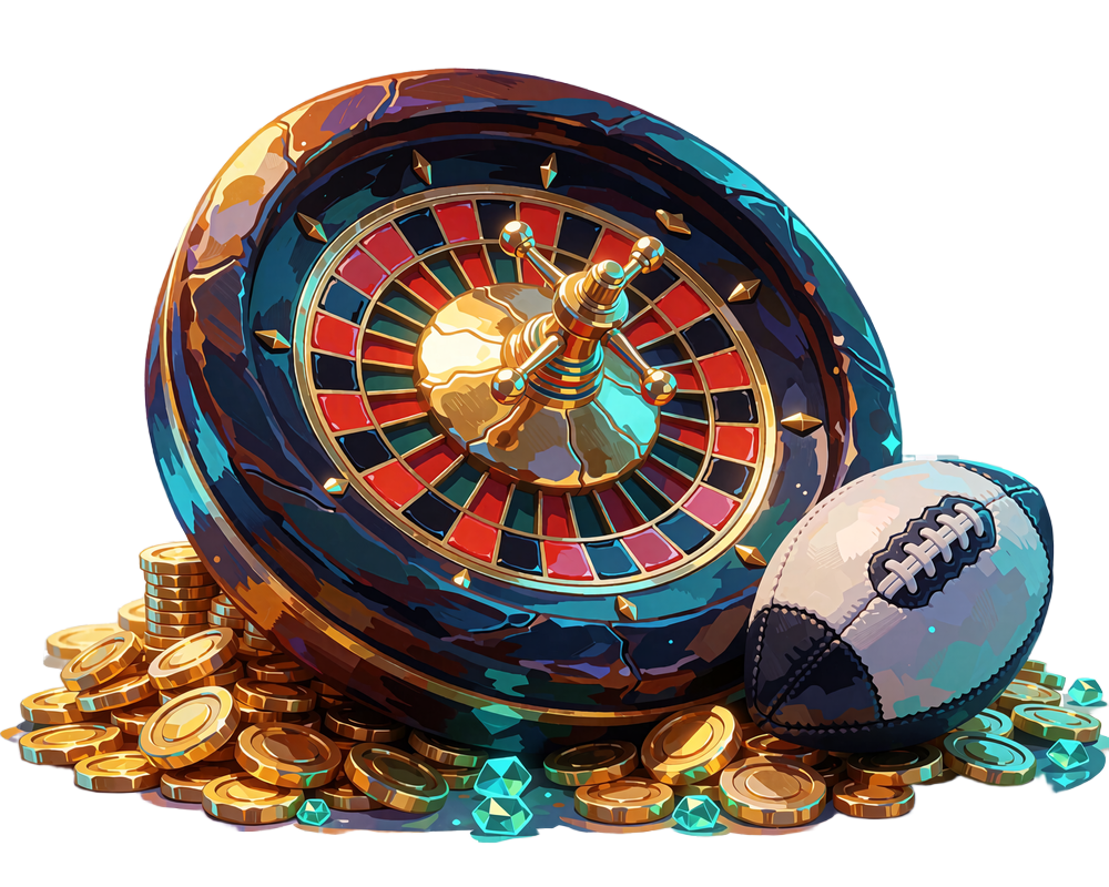Roulettehjul med guldcentrum p&aring; en bunke guldm&oslash;nter ved siden af en sort-hvid l&aelig;derfodbold - live casino og sport