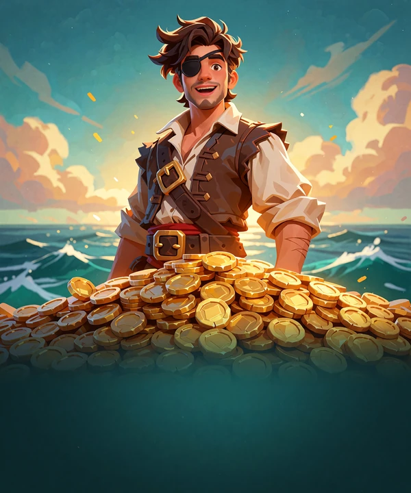 Smilende ung bukaner bag en bunke guldm&oslash;nter ved et turkisbl&aring;t hav - illustration til pirat-slots
