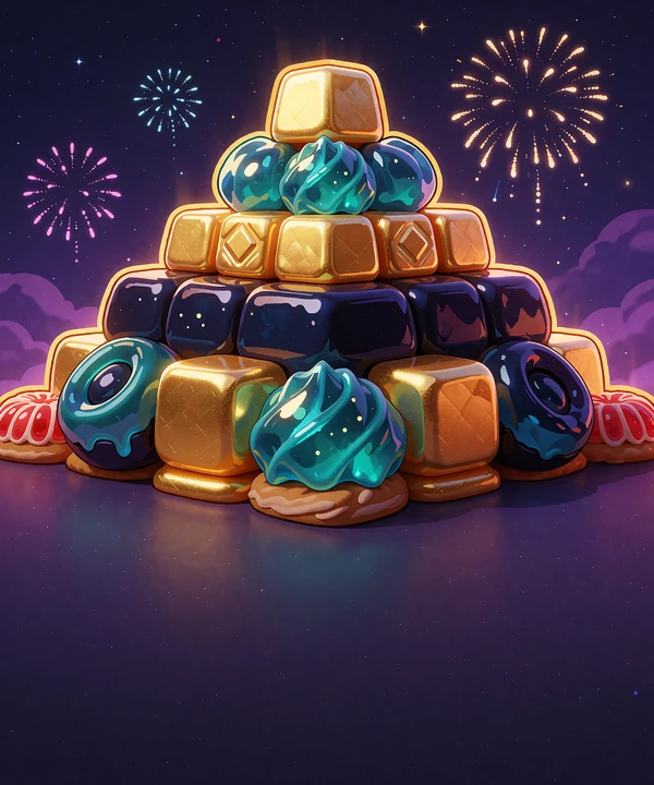 Trappepyramide bygget af blanke juvelfarvede slik og guldterninger mod en dyb violet himmel - tema for sjove slots