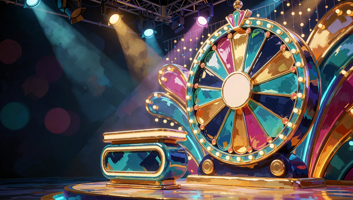 Farverigt game show-studie med stort pr&aelig;miehjul, tom v&aelig;rtspodie og lyskegler fra loftet